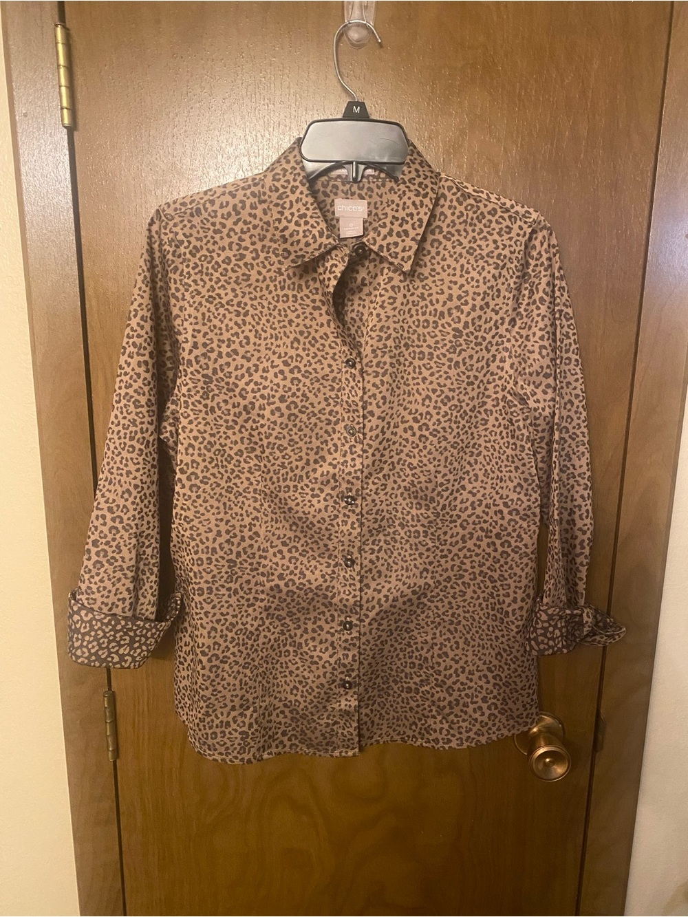 Chico's Tan and Brown Leopard-Print Button Down Shirt
